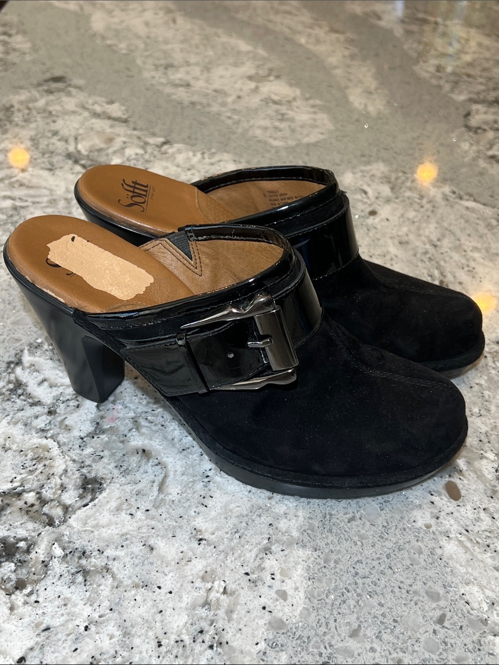Sofft Aviano Black Suede Patent Leather Buckle Clog Mules Heels Size 9 M